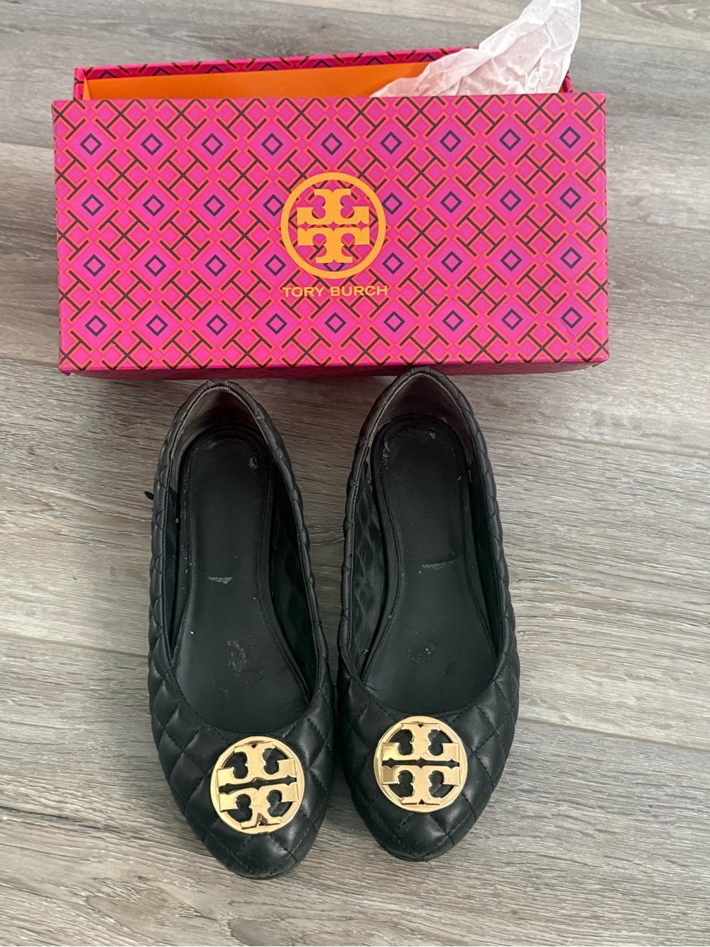 Tory Burch Black Quilted Leather Ballet Flats with Gold Logo Medallion